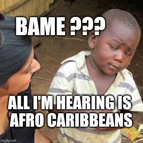 Black Lives Matter | BAME ??? ALL I'M HEARING IS 
AFRO CARIBBEANS | image tagged in third world skeptical kid,blm,blacklivesmatter,black lives matter,george floyd | made w/ Imgflip meme maker