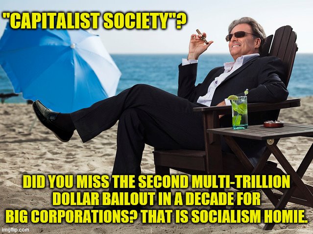 "CAPITALIST SOCIETY"? DID YOU MISS THE SECOND MULTI-TRILLION DOLLAR BAILOUT IN A DECADE FOR BIG CORPORATIONS? THAT IS SOCIALISM HOMIE. | made w/ Imgflip meme maker