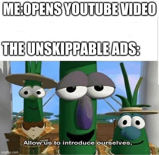 repost | ME:OPENS YOUTUBE VIDEO; THE UNSKIPPABLE ADS: | image tagged in allow us to introduce ourselves | made w/ Imgflip meme maker