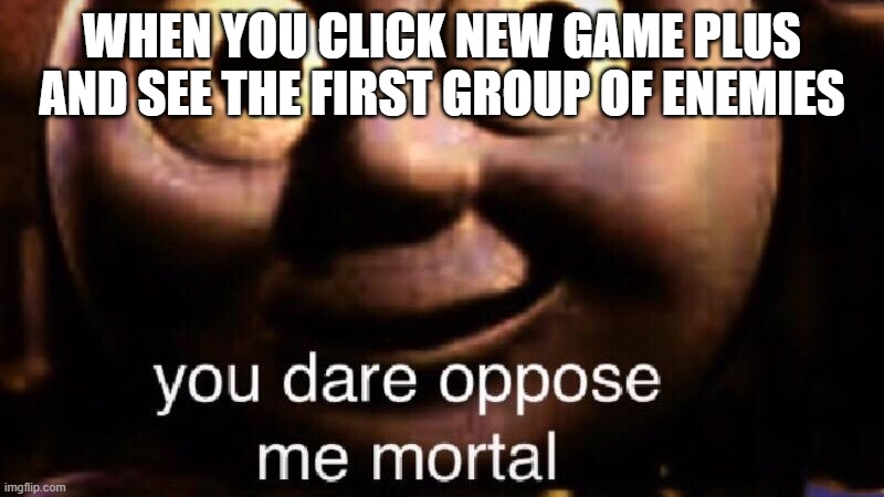 You dare oppose me mortal | WHEN YOU CLICK NEW GAME PLUS AND SEE THE FIRST GROUP OF ENEMIES | image tagged in you dare oppose me mortal | made w/ Imgflip meme maker