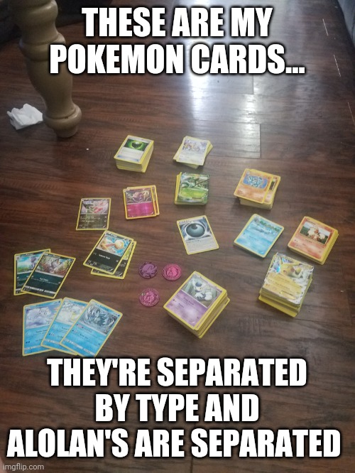 THESE ARE MY POKEMON CARDS... THEY'RE SEPARATED BY TYPE AND ALOLAN'S ARE SEPARATED | made w/ Imgflip meme maker