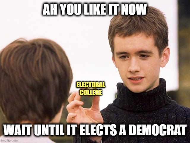 AH YOU LIKE IT NOW; ELECTORAL COLLEGE; WAIT UNTIL IT ELECTS A DEMOCRAT | image tagged in electoral college | made w/ Imgflip meme maker