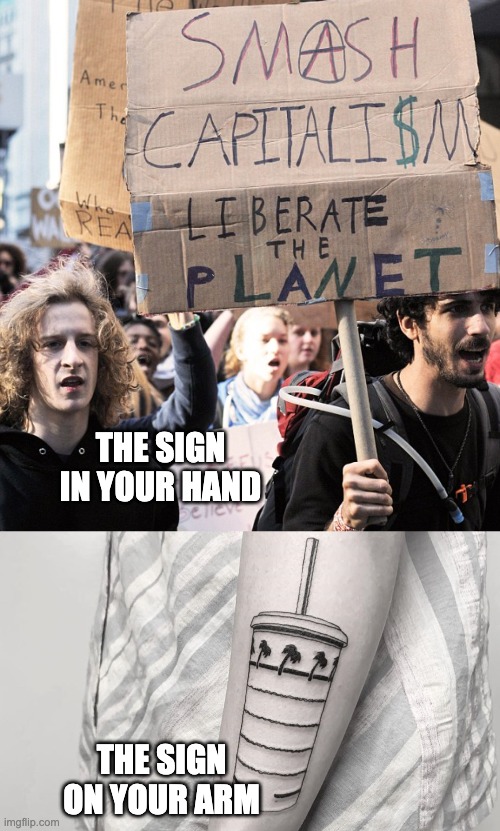 Signs, 2020 | THE SIGN IN YOUR HAND; THE SIGN ON YOUR ARM | image tagged in protesters | made w/ Imgflip meme maker