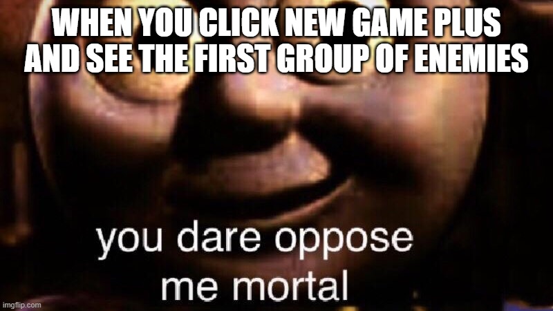 You dare oppose me mortal | WHEN YOU CLICK NEW GAME PLUS AND SEE THE FIRST GROUP OF ENEMIES | image tagged in you dare oppose me mortal | made w/ Imgflip meme maker