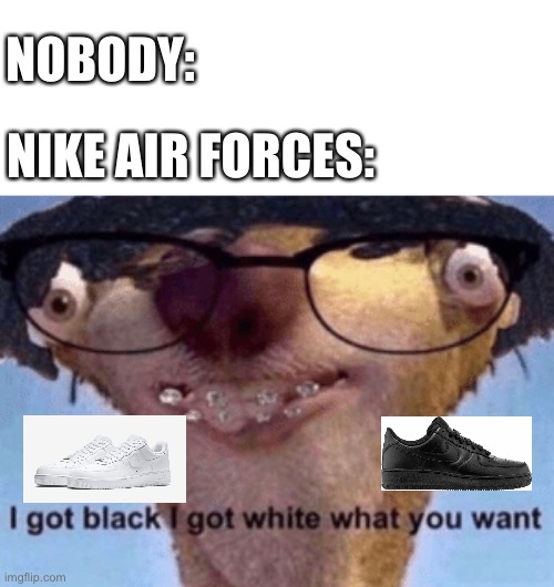 Nike af1 black white | NOBODY:; NIKE AIR FORCES: | image tagged in i got black i got white what ya want | made w/ Imgflip meme maker