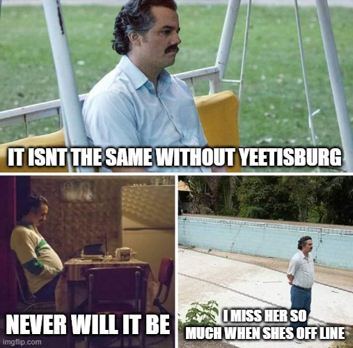 READ TAGS!!! | IT ISNT THE SAME WITHOUT YEETISBURG; NEVER WILL IT BE; I MISS HER SO MUCH WHEN SHES OFF LINE | image tagged in i_miss_yeetisburg_so_much_when_she_is_not_online | made w/ Imgflip meme maker