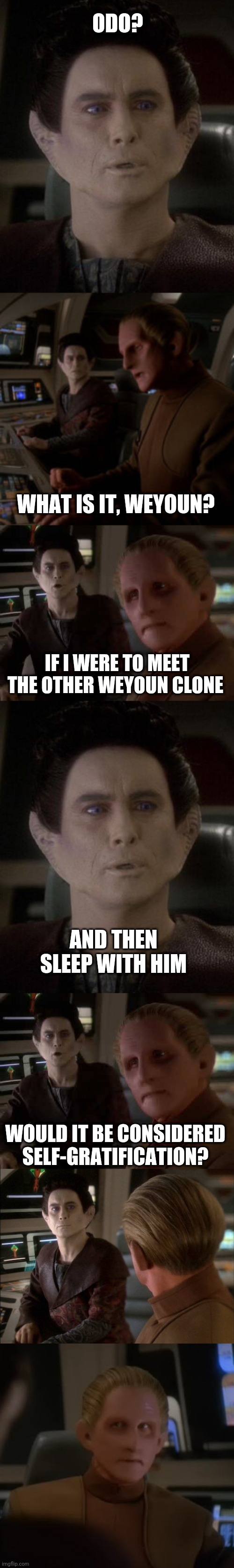 Odo and Weyoun | ODO? WHAT IS IT, WEYOUN? IF I WERE TO MEET THE OTHER WEYOUN CLONE; AND THEN SLEEP WITH HIM; WOULD IT BE CONSIDERED SELF-GRATIFICATION? | image tagged in ds9,star trek,clone | made w/ Imgflip meme maker