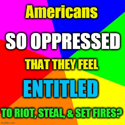 DEMOCRATIC Socialists | SO OPPRESSED; Americans; TO RIOT, STEAL, & SET FIRES? THAT THEY FEEL; ENTITLED | image tagged in politics,political meme,social justice warriors,socialism,democrats,liberal vs conservative | made w/ Imgflip meme maker
