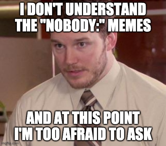 Andy Dwyer |  I DON'T UNDERSTAND THE "NOBODY:" MEMES; AND AT THIS POINT I'M TOO AFRAID TO ASK | image tagged in andy dwyer,memes | made w/ Imgflip meme maker