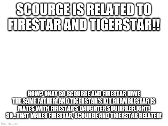 Blank White Template | SCOURGE IS RELATED TO FIRESTAR AND TIGERSTAR!! HOW? OKAY SO SCOURGE AND FIRESTAR HAVE THE SAME FATHER! AND TIGERSTAR'S KIT BRAMBLESTAR IS MATES WITH FIRESTAR'S DAUGHTER SQUIRRLEFLIGHT! SO...THAT MAKES FIRESTAR, SCOURGE AND TIGERSTAR RELATED! | image tagged in blank white template | made w/ Imgflip meme maker