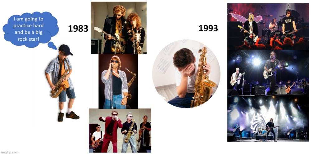 10 years too late | image tagged in 80s music,saxophone | made w/ Imgflip meme maker