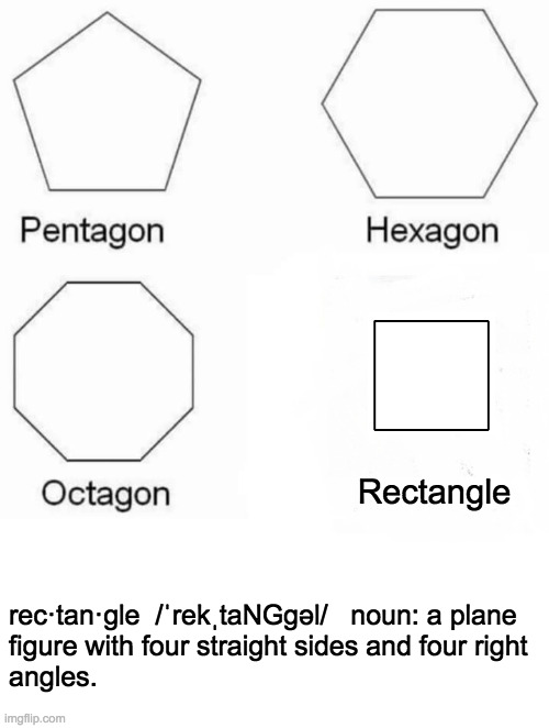Rectangle rec·tan·gle  /ˈrekˌtaNGɡəl/   noun: a plane
figure with four straight sides and four right
angles. | image tagged in blank white template,memes,pentagon hexagon octagon | made w/ Imgflip meme maker