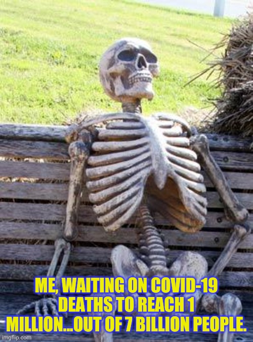 Waiting Skeleton | ME, WAITING ON COVID-19 DEATHS TO REACH 1 MILLION...OUT OF 7 BILLION PEOPLE. | image tagged in memes,waiting skeleton | made w/ Imgflip meme maker