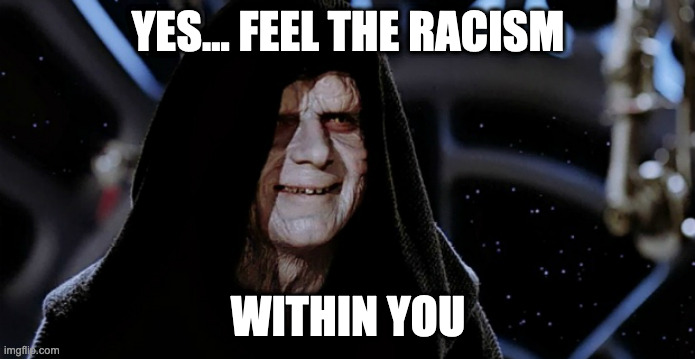 racists are outing themselves every day | YES... FEEL THE RACISM; WITHIN YOU | image tagged in star wars emperor,racism | made w/ Imgflip meme maker