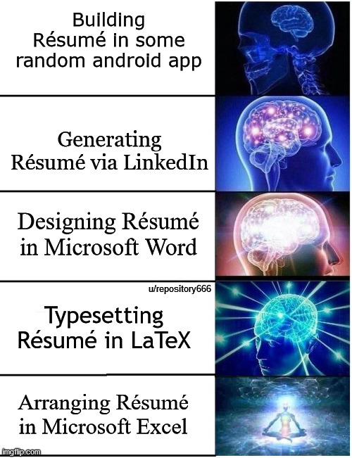 resume builders | Building Résumé in some random android app; Generating Résumé via LinkedIn; Designing Résumé in Microsoft Word; u/repository666; Typesetting Résumé in LaTeX; Arranging Résumé in Microsoft Excel | image tagged in expanding brain 5 panel | made w/ Imgflip meme maker