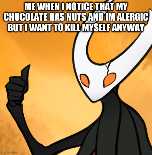Hollow knight thumbs up | ME WHEN I NOTICE THAT MY CHOCOLATE HAS NUTS AND IM ALERGIC BUT I WANT TO KILL MYSELF ANYWAY | image tagged in funny memes | made w/ Imgflip meme maker