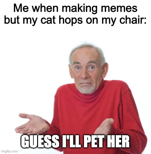 this actually happened | Me when making memes but my cat hops on my chair:; GUESS I'LL PET HER | image tagged in relatable if you have a cat,lol,memes | made w/ Imgflip meme maker