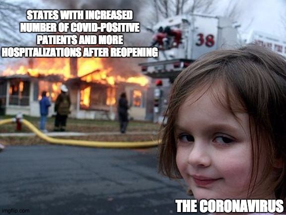 New disasters | STATES WITH INCREASED NUMBER OF COVID-POSITIVE PATIENTS AND MORE HOSPITALIZATIONS AFTER REOPENING; THE CORONAVIRUS | image tagged in memes,disaster girl,coronavirus | made w/ Imgflip meme maker