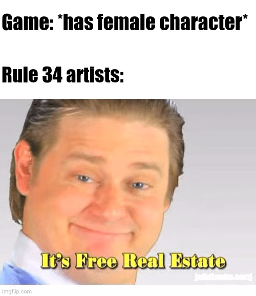 Why? | Game: *has female character*; Rule 34 artists: | image tagged in it's free real estate,rule 34,gaming | made w/ Imgflip meme maker