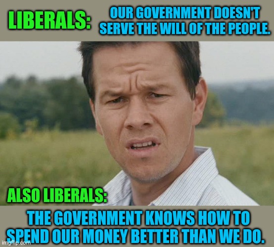 mark wahlberg confused | OUR GOVERNMENT DOESN'T SERVE THE WILL OF THE PEOPLE. LIBERALS:; ALSO LIBERALS:; THE GOVERNMENT KNOWS HOW TO SPEND OUR MONEY BETTER THAN WE DO. | image tagged in mark wahlberg confused | made w/ Imgflip meme maker