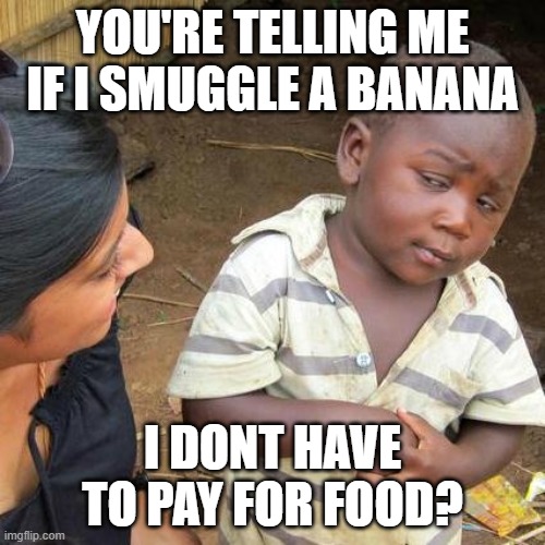 Plane Banana Smuggle Setion | YOU'RE TELLING ME IF I SMUGGLE A BANANA; I DONT HAVE TO PAY FOR FOOD? | image tagged in memes,third world skeptical kid | made w/ Imgflip meme maker
