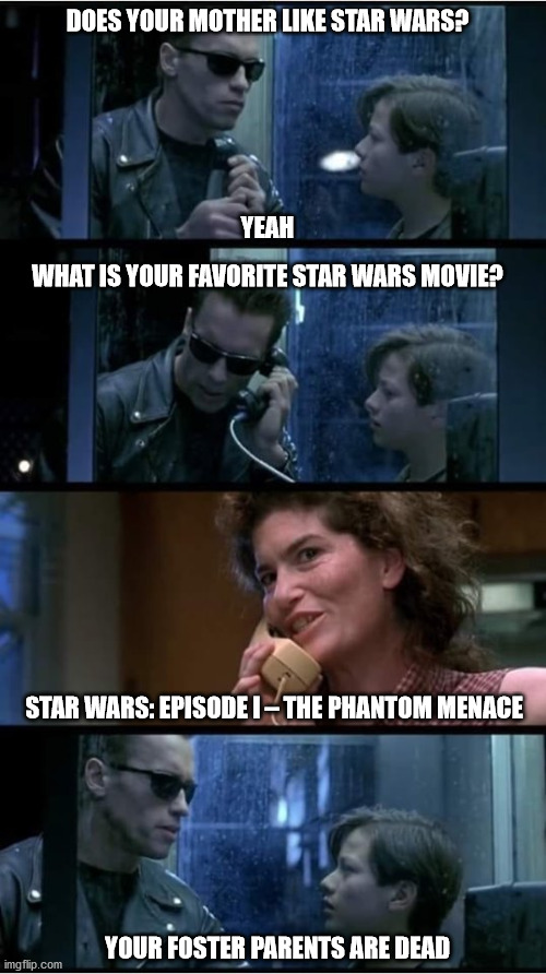 Terminator Star Wars | YEAH; DOES YOUR MOTHER LIKE STAR WARS? WHAT IS YOUR FAVORITE STAR WARS MOVIE? STAR WARS: EPISODE I – THE PHANTOM MENACE; YOUR FOSTER PARENTS ARE DEAD | image tagged in terminator 2,star wars,terminator | made w/ Imgflip meme maker