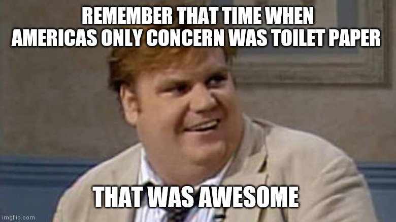 Chris Farley Awesome | REMEMBER THAT TIME WHEN AMERICAS ONLY CONCERN WAS TOILET PAPER; THAT WAS AWESOME | image tagged in chris farley awesome | made w/ Imgflip meme maker