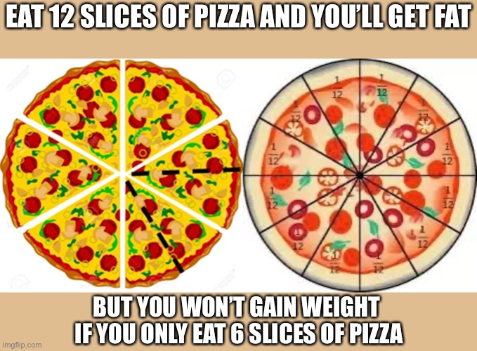 Pizza compared | EAT 12 SLICES OF PIZZA AND YOU’LL GET FAT; BUT YOU WON’T GAIN WEIGHT 
IF YOU ONLY EAT 6 SLICES OF PIZZA | image tagged in pizza | made w/ Imgflip meme maker