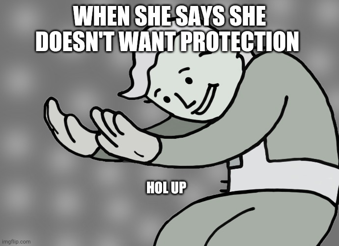 Hol up | WHEN SHE SAYS SHE DOESN'T WANT PROTECTION; HOL UP | image tagged in hol up | made w/ Imgflip meme maker