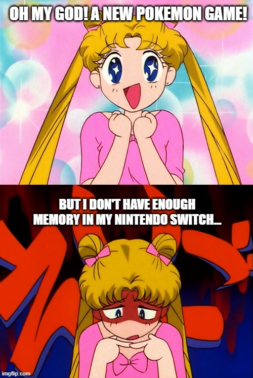 Poor Usagi and the switch | OH MY GOD! A NEW POKEMON GAME! BUT I DON'T HAVE ENOUGH MEMORY IN MY NINTENDO SWITCH... | image tagged in usagi excited but on the downside | made w/ Imgflip meme maker