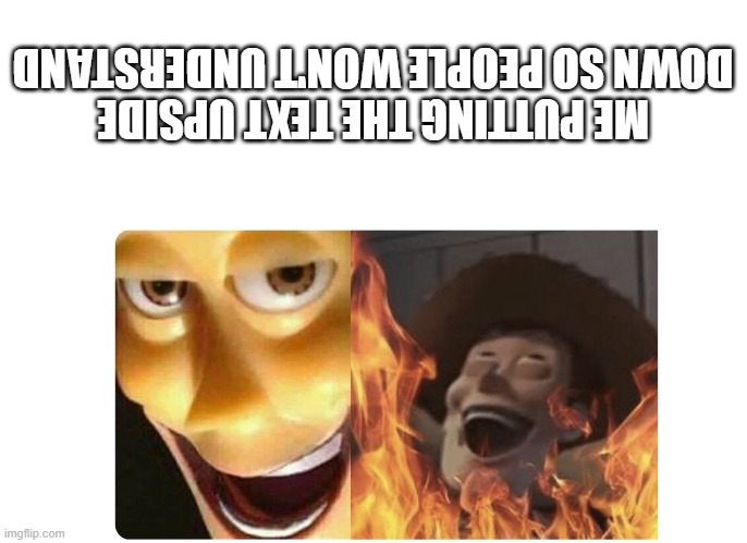 Satanic Woody | ME PUTTING THE TEXT UPSIDE DOWN SO PEOPLE WON'T UNDERSTAND | image tagged in satanic woody | made w/ Imgflip meme maker