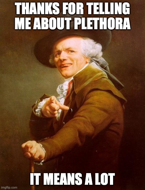 Joseph Ducreux Meme | THANKS FOR TELLING ME ABOUT PLETHORA; IT MEANS A LOT | image tagged in memes,joseph ducreux | made w/ Imgflip meme maker