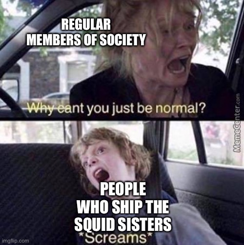 Why Can't You Just Be Normal | REGULAR MEMBERS OF SOCIETY; PEOPLE WHO SHIP THE SQUID SISTERS | image tagged in why can't you just be normal | made w/ Imgflip meme maker