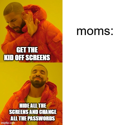 :( | moms:; GET THE KID OFF SCREENS; HIDE ALL THE SCREENS AND CHANGE ALL THE PASSWORDS | image tagged in memes,drake hotline bling | made w/ Imgflip meme maker