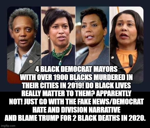 Do Black  Lives Really Matter to These 4 Democrat Mayors?  Of Course Not! | 4 BLACK DEMOCRAT MAYORS WITH OVER 1900 BLACKS MURDERED IN THEIR CITIES IN 2019! DO BLACK LIVES REALLY MATTER TO THEM? APPARENTLY NOT! JUST GO WITH THE FAKE NEWS/DEMOCRAT HATE AND DIVISION NARRATIVE AND BLAME TRUMP FOR 2 BLACK DEATHS IN 2020. | image tagged in black lives matter | made w/ Imgflip meme maker