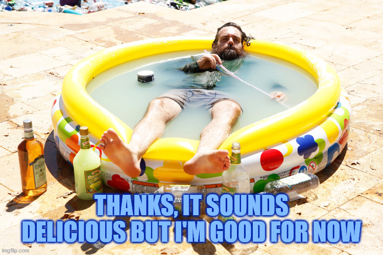 Margarita Pool | THANKS, IT SOUNDS DELICIOUS BUT I'M GOOD FOR NOW | image tagged in margarita pool | made w/ Imgflip meme maker