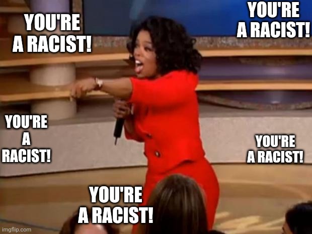 Oprah - you get a car | YOU'RE A RACIST! YOU'RE A RACIST! YOU'RE A RACIST! YOU'RE A RACIST! YOU'RE A RACIST! | image tagged in oprah - you get a car | made w/ Imgflip meme maker