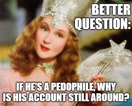 Apparently there is no conclusive proof he's a pedo. But also consider: it's still possible to violate TOS without being one. | BETTER QUESTION:; IF HE'S A PEDOPHILE, WHY IS HIS ACCOUNT STILL AROUND? | image tagged in glinda,terms and conditions,pedo,pedophile,pedophilia,deleted accounts | made w/ Imgflip meme maker