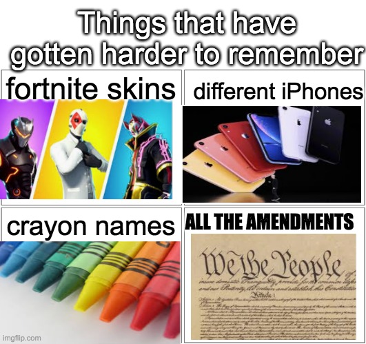 Too many things | Things that have gotten harder to remember; fortnite skins; different iPhones; crayon names; ALL THE AMENDMENTS | image tagged in memes,blank comic panel 2x2 | made w/ Imgflip meme maker