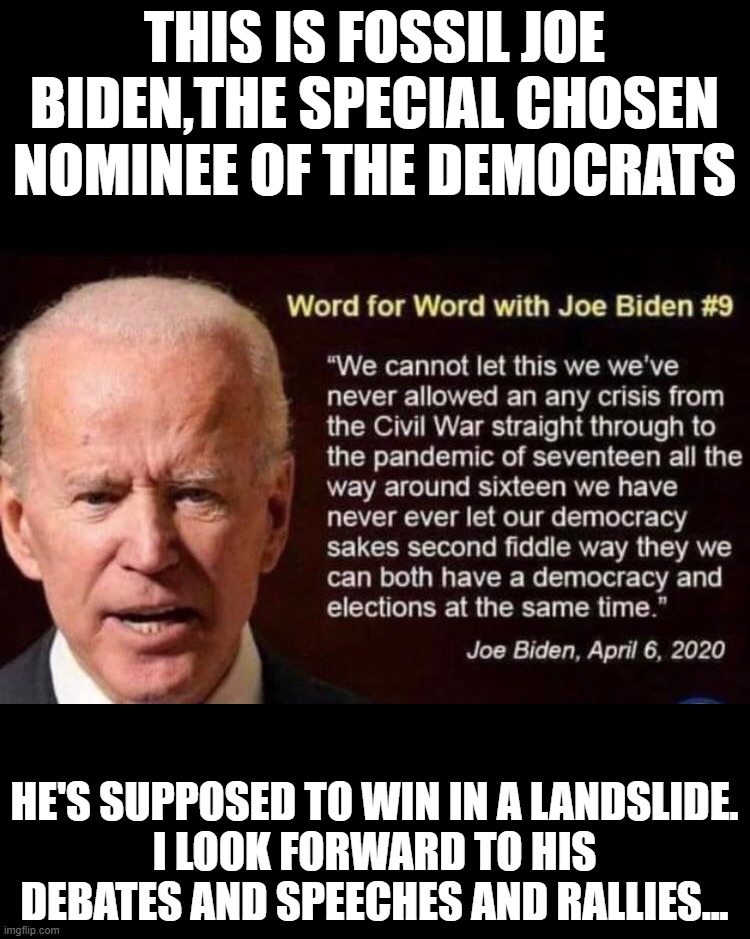 Biden's Lecture Series | THIS IS FOSSIL JOE BIDEN,THE SPECIAL CHOSEN NOMINEE OF THE DEMOCRATS; HE'S SUPPOSED TO WIN IN A LANDSLIDE.
I LOOK FORWARD TO HIS DEBATES AND SPEECHES AND RALLIES... | image tagged in politics | made w/ Imgflip meme maker