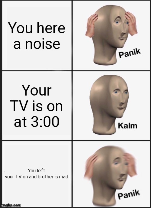 TRUETH | You here a noise; Your TV is on at 3:00; You left your TV on and brother is mad | image tagged in memes,panik kalm panik | made w/ Imgflip meme maker