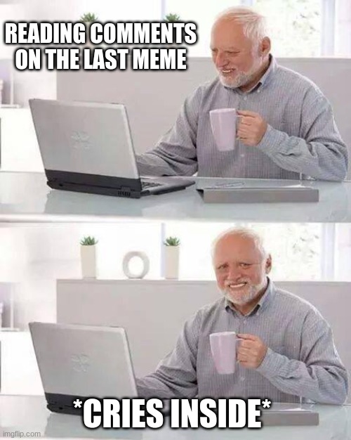 One sad person | READING COMMENTS ON THE LAST MEME; *CRIES INSIDE* | image tagged in memes,hide the pain harold | made w/ Imgflip meme maker