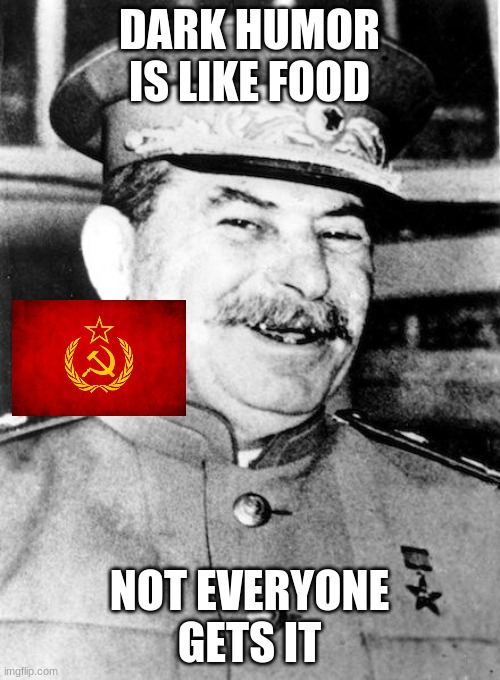 Stalin smile | DARK HUMOR IS LIKE FOOD NOT EVERYONE GETS IT | image tagged in stalin smile | made w/ Imgflip meme maker