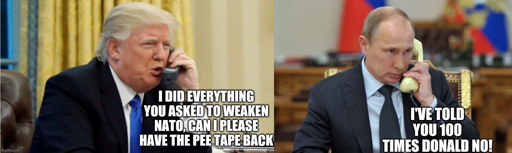 I'VE TOLD YOU 100 TIMES DONALD NO! I DID EVERYTHING YOU ASKED TO WEAKEN NATO, CAN I PLEASE HAVE THE PEE TAPE BACK | image tagged in putin phone,trump on phone | made w/ Imgflip meme maker