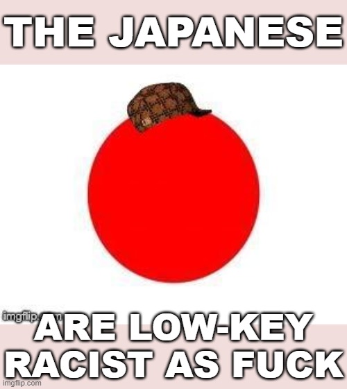 I love Japan and Japanese culture, but damn they need to fix their shit in this regard. | THE JAPANESE ARE LOW-KEY RACIST AS FUCK | image tagged in scumbag japan flag,racists,racist,japanese,meanwhile in japan,why japan | made w/ Imgflip meme maker