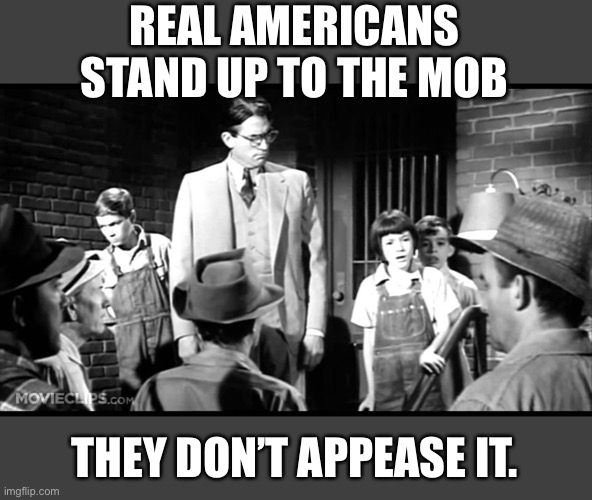 Two Atlanta cops are getting thrown to the wolves to appease to mob...  pathetic. | REAL AMERICANS STAND UP TO THE MOB; THEY DON’T APPEASE IT. | image tagged in to kill a mockingbird,atlanta,police,liberals,liberal logic | made w/ Imgflip meme maker