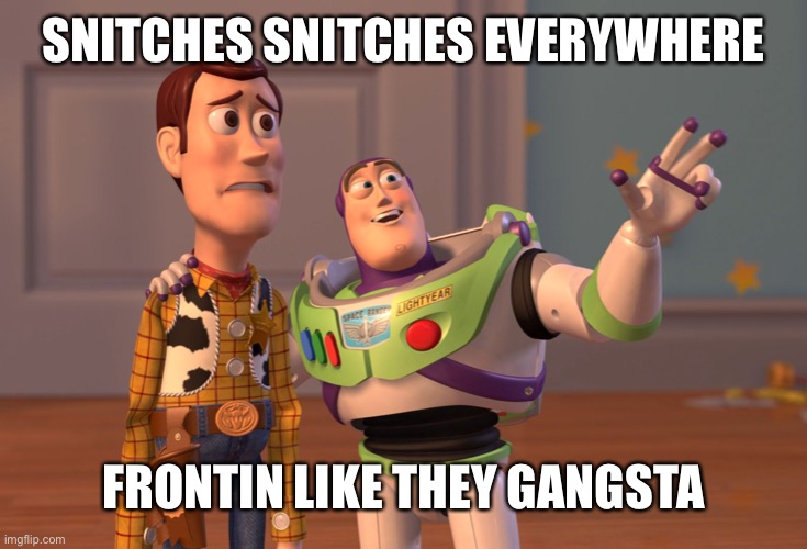 X, X Everywhere | SNITCHES SNITCHES EVERYWHERE; FRONTIN LIKE THEY GANGSTA | image tagged in memes,x x everywhere | made w/ Imgflip meme maker