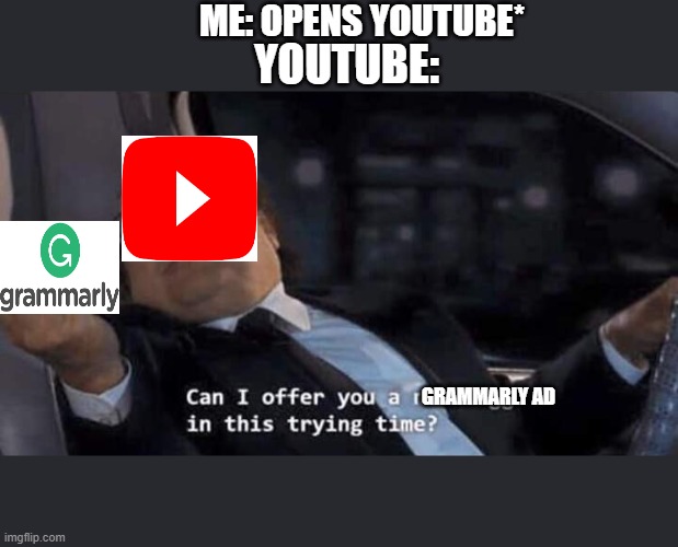 Can I offer you a nice egg in this trying time? | ME: OPENS YOUTUBE*; YOUTUBE:; GRAMMARLY AD | image tagged in can i offer you a nice egg in this trying time | made w/ Imgflip meme maker