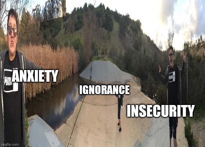 The three brain cells! | ANXIETY; INSECURITY; IGNORANCE | image tagged in anxiety,depression sadness hurt pain anxiety,the trio | made w/ Imgflip meme maker