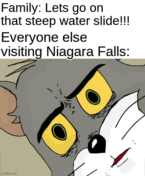 Tom is confused | Family: Lets go on that steep water slide!!! Everyone else visiting Niagara Falls: | image tagged in memes,unsettled tom | made w/ Imgflip meme maker